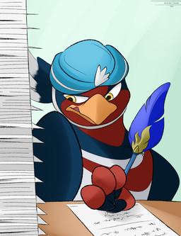 avian_feet beak blue_body feathered_crest feathered_wings feathers feet female feral head_crest loose_feather markings paper quill red_markings solo talons toes white_body white_markings wings writing_text yellow_eyes zecret_colors nintendo pokemon mistral_(gyro) avian generation_3_pokemon pokemon_(species) swellow absurd_res hi_res