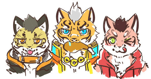 anthro blep group male male/male one_eye_closed tongue tongue_out trio wink ao_gravity nekojishi studio_klondike likulau lin_hu shu-chi felid feline leopard leopard_cat mammal pantherine prionailurus tiger absurd_res hi_res