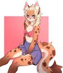 anthro blonde_hair blue_eyes bottomwear breasts brown_body clothing curls female hair long_tail midriff skirt small_breasts solo tail mojaloo mary_(mojaloo) felid feline mammal