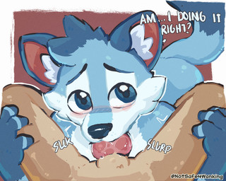 ambiguous_gender animal_genitalia anthro blue_body blue_eyes blue_fur blush duo fellatio first_person_view fur genitals holding_both_legs male male/ambiguous male_pov multicolored_body multicolored_fur onomatopoeia oral penile penis sex sheath sound_effects text notsafeforwanking canid canine mammal 2026 5:4 english_text hi_res