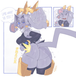 2_horns 4_fingers 5_fingers anthro antlers armor armwear black_eyes blue_eyes blush bodily_fluids breasts buckteeth butt butt_slap claws clothed clothing dialogue duo elbow_gloves eyebrows female finger_claws fingerless_gloves fingers floppy_ears fur gem glistening glistening_body gloves greaves grey_body grey_eyebrows grey_fur grey_hair grey_tail hair handpaw handwear horn legwear leotard long_tail looking_at_viewer looking_back looking_back_at_viewer male one_eye_closed onomatopoeia open_mouth open_smile pawpads paws pink_pawpads pupils rear_view single_glove slap slapping_own_butt slapping_self smile solo_focus sound_effects sparkles speech_bubble sweat sweaty_butt sweaty_legs sweaty_thighs tail teasing teeth text thick_eyebrows thick_thighs thigh_highs white_pupils nanokindred pseudoregalia butler_(pseudoregalia) sybil_(pseudoregalia) ambiguous_species bovid caprine goat jackalope lagomorph mammal 2023 absurd_res english_text hi_res portrait signature three-quarter_portrait
