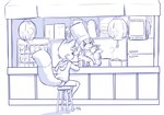 anthro bench briefs chef_hat clothed clothing detailed_background duo eating eating_food electronics female hat headgear headwear looking_at_animal male male/female on_bench restaurant sitting sitting_on_bench smile television underwear young aogami bovid caprine domestic_cat felid feline felis goat mammal 2018 signature