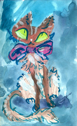 ambiguous_gender bow_(feature) brown_body brown_fur brown_tail feral fur green_sclera sitting solo tail naircat domestic_cat felid feline felis mammal 2015 gouache_(artwork) hi_res painting_(artwork) traditional_media_(artwork) traditional_painting_(artwork)