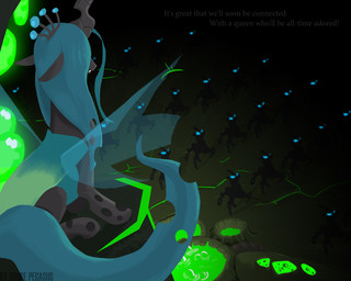 ambiguous_gender army blue_eyes bubble dialogue female feral glowing glowing_eyes green_hair group hair hole_(anatomy) horn insect_wings liquid long_hair marching sitting text wings weisdrachen friendship_is_magic hasbro my_little_pony queen_chrysalis_(mlp) arthropod changeling_(mlp) 2012 5:4 english_text green_theme