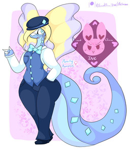 anthro blue_body blue_eyes bottomwear bow_tie clothing female footwear hat headgear headwear pants shirt shoes solo tail topwear uniform yellow_eyes lewdchuu nintendo pokemon amity_(lewdchuu) aurorus fossil_pokemon generation_6_pokemon pokemon_(species) hi_res