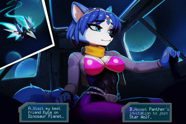 anthro arwing belt blue_body blue_hair choice choice_question clothing crown female flying glowing glowing_eyes hair headgear jacket pilot planet sad scarf solo space spacecraft spacesuit teal_eyes text tiara topwear vehicle chilllum honi_do nintendo star_fox krystal_(star_fox) canid canine fox mammal 3:2 english_text hi_res story story_in_description