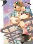 aloha_shirt anthro blonde_hair blue_eyes boat bottomwear brown_body brown_fur clothing detailed_background eyewear eyewear_on_head floppy_ears fur hair male pattern_clothing pattern_shirt pattern_topwear shirt shorts smile solo sunglasses sunglasses_on_head swim_ring tattoo topwear vehicle watercraft hechaxianzhi lifewonders live_a_hero hisaki_(live_a_hero) ambient_seagull canid canine canis domestic_dog mammal 3:4 absurd_res hi_res