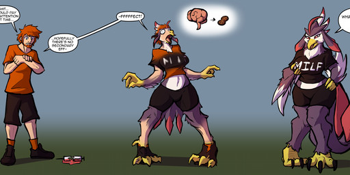 alternate_costume anthro beak beak_growth big_breasts black_body black_feathers brain breast_growth breasts clothed clothing clothing_swap crop_top dialogue facial_hair feathers female food fruit gender_transformation growth hair hand_on_breast hand_on_hip intelligence_loss legume male midriff mind_alteration mtf_transformation nut_(fruit) orange_hair organs palmorph peanut_(food) personality_change plant red_body red_eyes red_feathers shirt solo species_transformation speech_bubble surprised syringe tail tail_growth text thick_thighs topwear transformation white_body white_feathers biobasher palworld pocketpair human mammal nitewing pal_(species) colored english_text hi_res sequence