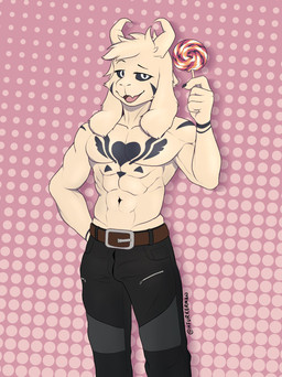 abs anthro belt biceps black_bottomwear black_clothing black_jeans black_markings black_nails black_pants bottomwear clothing colored_nails denim denim_bottomwear denim_clothing jeans leather male markings muscular nails obliques pants pattern_background pink_background serratus simple_background smile smiling_at_viewer smirk smirking_at_viewer solo tongue hfurkerman undertale undertale_(series) asriel_dreemurr_(god_form) bovid caprine caprine_demon demon goat goat_demon mammal hi_res