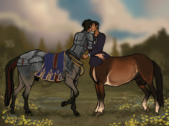 animal_genitalia armor balls black_hair brown_body brown_fur fur genitals grey_body grey_fur hair kissing leg_markings male markings sheath socks_(marking) tail prettynetting european_mythology greek_mythology mythology anthalus_(drakengarth) fionn_(drakengarth) centaur equid equid_taur equine humanoid_taur mammal mammal_taur taur thoroughbred hi_res