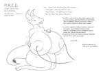 2021 absurd_res anthro big_breasts blush breast_expansion breasts claws dialogue digital_drawing_(artwork) digital_media_(artwork) digitigrade dragon english_text expansion female hand_on_breast hi_res holding_breast horn huge_breasts hyper hyper_breasts keinga kneeling line_art monochrome mythological_creature mythological_scalie mythology narrowed_eyes nipples nude open_mouth p.r.e.g. scalie signature simple_background solo sound_effects tail text thick_thighs tube