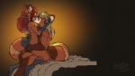 anthro black_body black_fur blonde_hair brown_body brown_fur duo eyes_closed female fur fur_pelt grope hair hug kissing male male/female muscular muscular_female muscular_male orange_body orange_fur red_hair simple_background tan_body tan_fur white_body white_fur feretta ailurid mammal red_panda 16:9 digital_media_(artwork) hi_res widescreen