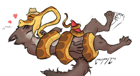 4_fingers ambiguous_gender animal_genitalia animal_penis anthro anthro_on_feral apode aroused bestiality biped bodily_fluids brown_body brown_scales canine_genitalia canine_penis claws clothing coiling duo erection face_in_mouth feral fingers fur genital_fluids genitals grey_body grey_fur hat headgear headwear heart_symbol imminent_oral_vore imminent_vore knot legless long_body lying male male/male motion_lines muzzle_in_mouth on_back penis precum saliva scales serpentine sex simple_background smile tail tail_around_penis tail_fetish tail_play tail_sex tailjob longscary dreamworks the_bad_guys mr._snake_(the_bad_guys) mr._wolf_(the_bad_guys) canid canine canis mammal reptile scalie snake wolf 2026 signature male_(lore)