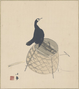 ambiguous_feral ambiguous_gender basket beak black_body black_feathers container feathered_wings feathers feral looking_up side_view simple_background solo standing tail tail_feathers wings takeuchi_seiho public_domain avian bird cormorant suliform 1925 20th_century ancient_art hi_res painting_(artwork) traditional_media_(artwork) traditional_painting_(artwork)