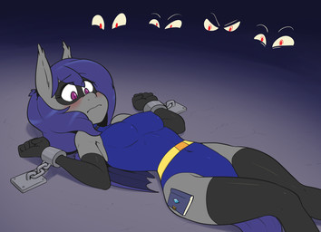 anthro audience being_watched belt blush bound breasts captured chain clothed clothing cosplay costume cuff_(restraint) cutie_mark female footwear group legwear leotard looking_at_another mask navel nervous restrained restraints shackles small_breasts socks solo_focus thigh_highs tight_clothing skecchiart hasbro my_little_pony dusk_rhine fan_character bat_pony equid mammal hi_res