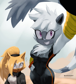 anthro aroused aroused_by_another aroused_female bodily_fluids bodysuit breasts clothed clothing drooling duo fangs female fur hair looking_at_viewer medium_breasts ponytail saliva saliva_string selfie simple_background skinsuit smile tail teeth tight_clothing soranygyart idw_publishing sega sonic_the_hedgehog_(comics) sonic_the_hedgehog_(idw) sonic_the_hedgehog_(series) tangle_the_lemur whisper_the_wolf canid canine canis lemur mammal primate ring-tailed_lemur strepsirrhine wolf digital_media_(artwork) hi_res