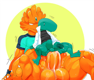 abdominal_bulge anal anal_penetration anthro anthro_on_anthro anthro_penetrated anthro_penetrating anthro_penetrating_anthro balls big_balls biped black_clothing black_shirt black_topwear bodily_fluids chair_position clothing coat dominant duo excessive_genital_fluids excessive_precum from_behind_position genital_fluids genitals green_body green_scales head_jewelry huge_balls huge_penetration humanoid_genitalia humanoid_penis lab_coat larger_dom male male/male male_penetrated male_penetrating male_penetrating_anthro male_penetrating_male masturbation motion_lines orange_body orange_scales overweight overweight_anthro overweight_male penetration penile penile_masturbation penile_penetration penis penis_in_ass potbelly precum pupils ridiculous_fit scales scientist sex shaking shallow_penetration shirt size_difference small_pupils smaller_penetrated t-shirt teal_body teal_clothing teal_scales teal_shirt teal_topwear topwear trembling wide_hips redemption3445 full_frontal_frog oh_so_hero! dr._zeta ambiguous_species ceratopsian ceratopsid chasmosaurine dinosaur marginocephalian ornithischian prehistoric_species reptile scalie triceratops 2019 absurd_res character_request hi_res