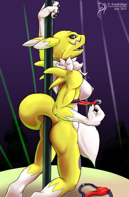 anthro between_buttocks between_legs big_breasts bikini black_sclera breasts butt chest_tuft claws clothing dancing female fur nipples object_between_cheeks open_mouth pole pole_between_buttocks pole_between_legs pole_dancing side_boob small_butt smile solo stripper stripper_pole swimwear tail_around_pole tongue tuft two-piece_swimsuit underwear undressing white_body white_fur yellow_body yellow_fur arashidrgn bandai_namco digimon canid canine digimon_(species) mammal renamon 2015 hi_res