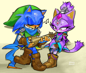 anthro armor bard blush clothing duo eyes_closed female hair hat headgear headwear hero lute male male/female musical_instrument playing_music plucked_string_instrument ponytail princess romantic romantic_couple royalty scarf shirt sitting string_instrument topwear tunic sorendraws nintendo sega sonic_forces sonic_the_hedgehog_(series) the_legend_of_zelda blaze_the_cat link sonic_the_hedgehog domestic_cat eulipotyphlan felid feline felis hedgehog mammal hi_res