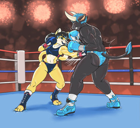 anthro biceps bottomwear boxing boxing_gloves bra butt clothed clothing duo female fight fighting_ring hair handwear high_waisted_bottomwear horn larger_male male male/female muscular muscular_male punch simple_background size_difference smaller_female smile speedo sport sports_bra sports_panties swimwear underwear dcheese suki_(cloudtf4587) virgil_(onyxcloud) bovid bovine cattle domestic_cat felid feline felis mammal 2021 absurd_res digital_media_(artwork) hi_res