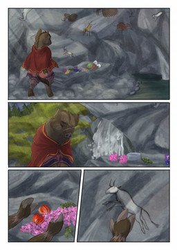 3_fingers ambiguous_gender anthro biped brown_body brown_fur brown_tail cave cave_painting clothed clothing day eyes_closed fingers flower fur grass hooved_fingers hooves light light_beam outside plant river scar solo sunbeam sunlight tail tree water bjekkergauken herja_(bjekkergauken) mammal suid suine sus_(pig) wild_boar 2026 colored comic hi_res