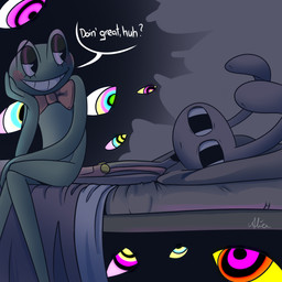 anthro bed bow_tie crossed_legs depression disembodied_eyes duo female furniture looking_at_another lying lying_on_bed male on_back on_bed pie_cut_eyes sad sitting sitting_on_bed smug_grin speech_bubble teasing screaming_alice glitch_productions the_amazing_digital_circus jax_(tadc) ribbit_(tadc) abstraction_(tadc) amphibian frog lagomorph leporid mammal rabbit 1:1 absurd_res hi_res
