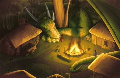 ambiguous_gender bonfire building clothed clothing detailed_background eyes_closed feral fire green_body green_scales group horn house log membrane_(anatomy) membranous_wings musical_instrument outside scales size_difference sleeping tail vehicle wagon wings wood chromamancer european_mythology mythology dragon human mammal mythological_creature mythological_scalie scalie western_dragon hi_res