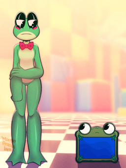anthro bow_tie bow_tie_only breasts duo eye_contact featureless_breasts featureless_crotch female female_anthro front_view green_body lidded_eyes looking_at_another mostly_nude mostly_nude_anthro mostly_nude_female neutral_expression pie_cut_eyes red_cheeks standing tablet_computer mangopeanutjam disney glitch_productions pixar the_amazing_digital_circus toy_story lilypad_(toy_story) ribbit_(tadc) amphibian animate_inanimate frog 3:4 crossover hi_res watermark