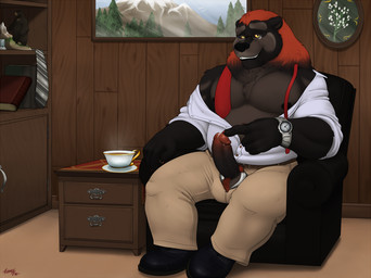 accessory anthro ball_tuft balls bodily_fluids bottomwear chair clock clothed clothing dripping erection footwear furniture genital_fluids genitals humanoid_genitalia humanoid_penis inside looking_at_viewer lounge_chair male necktie on_chair open_bottomwear open_clothing open_pants overweight overweight_anthro overweight_male pants penis penis_poking_out penis_through_fly precum precum_drip pubes shirt shoes sitting sitting_on_chair smile solo topwear touching_penis tuft unbuttoned_shirt watch kronexfire barrus bear mammal 2016