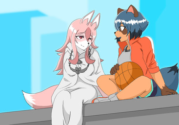 anthro ball basketball_(ball) blue_body blue_eyes blue_hair brown_body brown_fur clothed clothing duo female fluffy fluffy_tail fur hair holding_object jacket long_hair open_mouth pink_body pink_hair tail topwear white_body solt brand_new_animal studio_trigger michiru_kagemori nazuna_hiwatashi canid canine canis fox mammal raccoon_dog tanuki 2020 hi_res