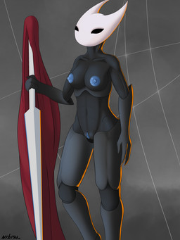 anthro big_breasts black_body black_eyes blue_genitals blue_nipples breasts clitoral_hood clitoris clothing exoskeleton female genitals horn looking_at_viewer mask melee_weapon nipples nude simple_background solo sword vulva weapon nibisu hollow_knight_(franchise) team_cherry hornet_(hollow_knight) arthropod humanoid insect 3:4 absurd_res hi_res