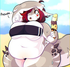 ahoge anthro arm_fin beach belly big_belly big_breasts big_tail blue_sky bodily_fluids breasts claws clothing cloud cloudy_sky dessert ear_piercing ear_ring eye_through_hair eyebrows facial_markings female fin finger_claws food hair head_markings heart_(marking) heart_eyes heart_symbol holding_food holding_object ice_cream markings navel notched_ear obese obese_anthro obese_female one-piece_swimsuit open_mouth overweight overweight_anthro overweight_female piercing pointy_ears prick_ears red_hair ring_piercing sharp_teeth sky solo striped_legs striped_markings stripes sweat sweatdrop swimwear tail teeth text thick_thighs translucent translucent_clothing translucent_hair translucent_swimwear under_boob vocalization wide_hips wiping_forehead koboldcourier gris_swimsuit meme_clothing aline_(koboldcourier) aquatic fish shark 2023 artist_name hi_res meme