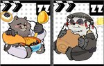 anthro asian_clothing barefoot black_body black_fur blush bottomwear brown_body brown_fur caviar chibi chinese_clothing clothing cutlery duo east_asian_clothing eating eye_scar eyes_closed facial_scar feet fur headgear headwear jacket kitchen_utensils male pants scar spoon tongue tongue_out tools topwear white_body white_bottomwear white_clothing white_fur white_jacket white_pants white_topwear khuanzg mihoyo zenless_zone_zero ben_bigger pan_yin_hu bear giant_panda mammal thiren 2025