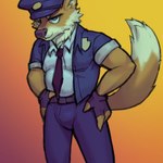 clothing fingerless_gloves gloves handwear male necktie police police_officer red_necktie shirt slightly_chubby solo topwear undershirt ai_assisted tass_the_bovine emini canid canine canis fox mammal wolf 1:1