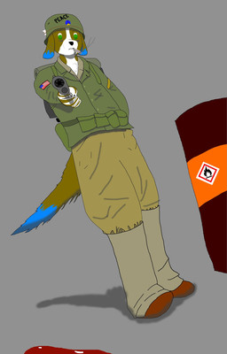 anthro barrel blood bodily_fluids cigarette clothing fur gun handgun looking_at_viewer male military military_uniform multicolored_body multicolored_fur ranged_weapon simple_background smoking solo uniform weapon weapon_pointed_at_viewer mistah_novikov alexei_dumas beagle canid canine canis domestic_dog hunting_dog mammal scent_hound hi_res