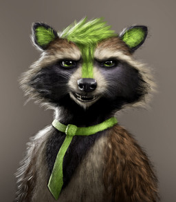 accessory anthro fangs front_view fur green_necktie hair looking_at_viewer male mostly_nude necktie necktie_only open_mouth realistic solo teeth whiskers ian-exe ian_(ian-exe) mammal procyonid raccoon 2022 half-length_portrait hi_res portrait
