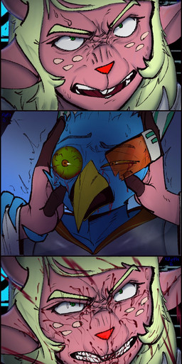 angry anthro antlers armor beak blonde_eyebrows blonde_hair blood blood_on_face blood_splatter bloodshot_eyes blue_body blue_feathers bodily_fluids brown_body buckteeth cleft clenched_teeth death duo eye_popping eyebrows feathers female fingers freckles frown green_eyes green_sclera grimace hair head_crush holding_arm holding_head hooved_fingers hooves horn killing male male_death offscreen_death open_mouth orange_eyes pink_head red_nose scene_parody scouter sweat sweatdrop teeth yellow_beak zytkal deltarune image_comics invincible_(image_comics) undertale_(series) berdly noelle_holiday avian bird deer mammal new_world_deer reindeer hi_res