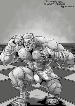 body_hair chess chest_hair male orctober_chess_challenge wrestler rickleone inktober orctober humanoid orc greyscale hi_res monochrome