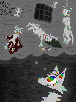 anthro blood blood_puddle bodily_fluids closed_smile death drugged drugs eyelashes fangs female fur gore grey_body grey_fur hanged imminent_death mouth_closed multicolored_eyelashes multicolored_eyes one_eye_closed rainbow_eyelashes rainbow_eyes rainbow_inner_ear rainbow_nose scar self-harm self-harm_scars smile solo substance_intoxication suicidal suicide suicide_attempt teeth thought_bubble train vehicle vomit wounded x_eyes demensa rainbowpaw_(demensa) canid canine canis domestic_dog mammal 3:4 hi_res