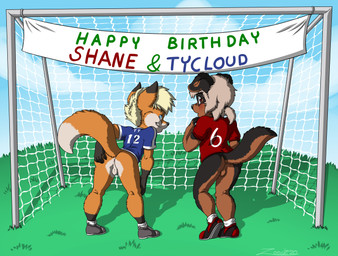 anthro anus backsack balls bent_over black_body black_ears black_fur blue_clothing blue_shirt blue_sky blue_topwear bottomless brown_body brown_fur brown_tail butt clothed clothing cloud day dipstick_ears duo ear_markings floppy_ears footwear fur genitals gloves_(marking) grass hair happy_birthday legwear looking_at_viewer male markings multicolored_clothing multicolored_ears multicolored_shirt multicolored_topwear orange_body orange_ears orange_fur orange_tail outside perineum plant presenting presenting_hindquarters raised_tail red_clothing red_shirt red_topwear shirt sky socks standing tail tan_hair text topwear two_tone_clothing two_tone_ears two_tone_shirt two_tone_topwear white_clothing white_footwear white_legwear white_shirt white_socks white_topwear young young_anthro young_male zooshi shane_boder_(shaneandco) tycloud canid canine canis domestic_dog fox mammal absurd_res english_text hi_res