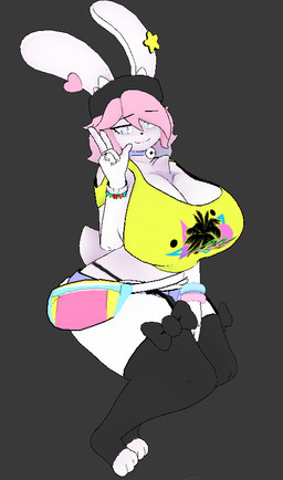 anthro bell_choker big_breasts black_bow black_clothing black_hat black_headwear black_legwear black_thigh_highs black_thong black_underwear blue_choker blue_eyes blue_jewelry blue_necklace bottomwear bow_accessory bracelet breasts choker cleavage clothed clothing crop_top denim denim_bottomwear denim_clothing denim_shorts ear_piercing female grey_background hair hat headgear headwear hotpants huge_breasts inner_ear_fluff jewelry legwear looking_at_viewer midriff necklace piercing pink_hair scut_tail shirt short_hair short_tail shorts simple_background smile smiling_at_viewer solo tail thigh_highs thong toeless_thigh_highs topwear tuft underwear yellow_clothing yellow_shirt yellow_topwear cryptiacurves cryptiacurves_(modeler) pb_(theycallhimcake) lagomorph leporid mallkin mammal rabbit 3d_(artwork) digital_media_(artwork) full-length_portrait portrait busty_boy_(lore) male_(lore)