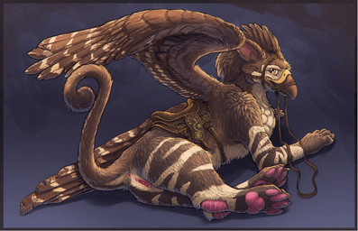 anus beak bridle brown_body brown_fur butt feathered_wings feathers feet female feral fur genitals harness hindpaw looking_at_viewer lying mount nude on_side paws presenting reins saddle solo tail vulva wings artonis mythology rezzit avian gryphon mythological_avian mythological_creature digital_media_(artwork)