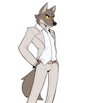 anthro clothed clothing confident fully_clothed hand_in_pocket hands_in_both_pockets looking_away male male_anthro pockets pose slim smile smirk solo standing suit yellow_eyes jrjresq dreamworks the_bad_guys mr._wolf_(the_bad_guys) canid canine canis mammal wolf hi_res