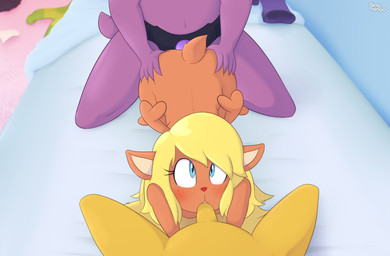 anthro antlers bed blonde_hair blue_eyes blush bottomwear brown_body brown_fur butt butt_grab cartoon_freckles clothing eyelashes fellatio female female_penetrated ffm ffm_threesome first_person_view freckled_face freckles fur furniture genitals group hair hand_on_butt horn human_pov jacket long_eyelashes long_hair looking_up male male/female male_penetrating male_penetrating_female nude oral penetrating_pov penetration penile penis purple_body red_nose sex skirt spitroast strapon sweater tail topwear trio underwear yellow_body bingbingo deltarune undertale_(series) kris_dreemurr noelle_holiday susie_(deltarune) deer dinosaur human mammal new_world_deer prehistoric_species reindeer reptile scalie hi_res signature watermark