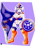 anthro armor belly_blush bikini_armor blush body_blush breast_blush breasts camel_toe female leg_blush mature_female melee_weapon shield solo sword unconvincing_armor weapon cranebear deltarune undertale undertale_(series) toriel bovid caprine goat mammal 3:4 absurd_res digital_media_(artwork) hi_res