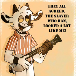 anthro banjo_(instrument) black_body black_fur black_horn bottomwear cheek_tuft clothing facial_tuft fur horn male musical_instrument open_mouth pattern_clothing plucked_string_instrument solo string_instrument striped_clothing stripes text topwear tuft white_body white_fur yellow_sclera atom1k_java roy_(atom1k_java) bovid caprine goat mammal 1:1 archived_source english_text hi_res