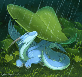 ambiguous_gender blue_body blue_eyes blue_fur feral fur horn leaf raining solo white_body white_fur mydrawnworld mythology zephy_(nightfire_zephyr) dragon furred_dragon furred_scalie mythological_creature mythological_scalie scalie 2025 animated hi_res short_playtime signature