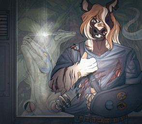 anthro arm_sling band-aid bandage belt blue_clothing blue_eyes blue_shirt blue_topwear bottomwear broken_arm bruised bruised_eye clothing ears_up fur gesture hand_gesture happy male mane medical_sling missing_teeth mottled mottled_body mottled_fur pants piebald piebald_body piebald_fur scratches shirt solo sticker thumbs_up topwear akoshak murphythehonse clydesdale dinosaur draft_horse dromaeosaurid equid equine horse mammal prehistoric_species reptile saurischian scalie theropod velociraptor velociraptor_(jurassic_park_3) hi_res