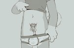 4_fingers anthro balls bottomless bottomless_male briefs casual_chastity chastity_cage chastity_device claws clothed clothing clothing_lift colored_seam_underwear faceless_character faceless_male fingers flaccid fluffy fluffy_tail fur genitals gloves_(marking) grey_background grey_body grey_fur lock male markings multicolored_body multicolored_fur multicolored_tail navel padlock partially_clothed pattern_briefs pawpads paws penis presenting print_briefs print_clothing print_underwear shirt shirt_lift shota simple_background solo t-shirt tail tail_markings thumb_in_waistband toony topwear two_tone_body two_tone_fur two_tone_tail underwear underwear_down undressing white_body white_briefs white_clothing white_fur white_underwear young young_anthro young_male skidoo ambiguous_species 2021 digital_media_(artwork) greyscale hi_res monochrome shaded simple_shading