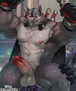 abs anal anal_penetration anthro balls bandage barazoku bdsm biceps big_muscles big_pecs big_penis blush bodily_fluids bound cape clothing cuff_(restraint) cum duo erection eye_scar facial_scar from_behind_position genital_fluids genitals glans gloves hand_on_leg hand_on_thigh handcuffs hands_above_head hands_tied hands_tied_above_head handwear huge_muscles huge_thighs humanoid_genitalia humanoid_penis male male/male male_penetrated male_penetrating male_penetrating_male mask metal_cuffs muscular muscular_anthro muscular_arms muscular_legs muscular_male muscular_thighs muzzle_(object) nude patreon_preview pecs penetration penis precum red_glans red_sclera restrained restraints scar sex thick_arms thick_penis thick_thighs vein veiny_penis yellow_eyes wulfer-shepherd mihoyo zenless_zone_zero romeul_(zenless_zone_zero) canid canine canis mammal wolf 2026 colored digital_drawing_(artwork) digital_media_(artwork) hi_res